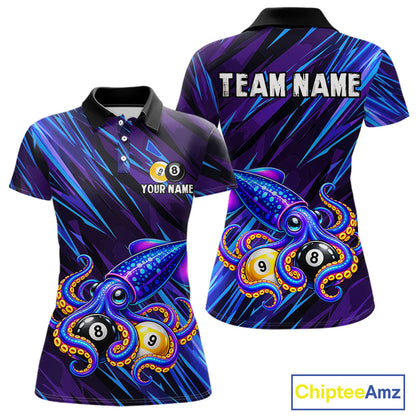 Custom Funny 8 Ball 9 Ball Squid Polo 1/4-Zip Shirt For Women Purple Blue Neon Billiard Tournament Shirt NYN4700