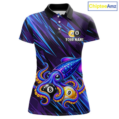 Custom Funny 8 Ball 9 Ball Squid Polo 1/4-Zip Shirt For Women Purple Blue Neon Billiard Tournament Shirt NYN4700