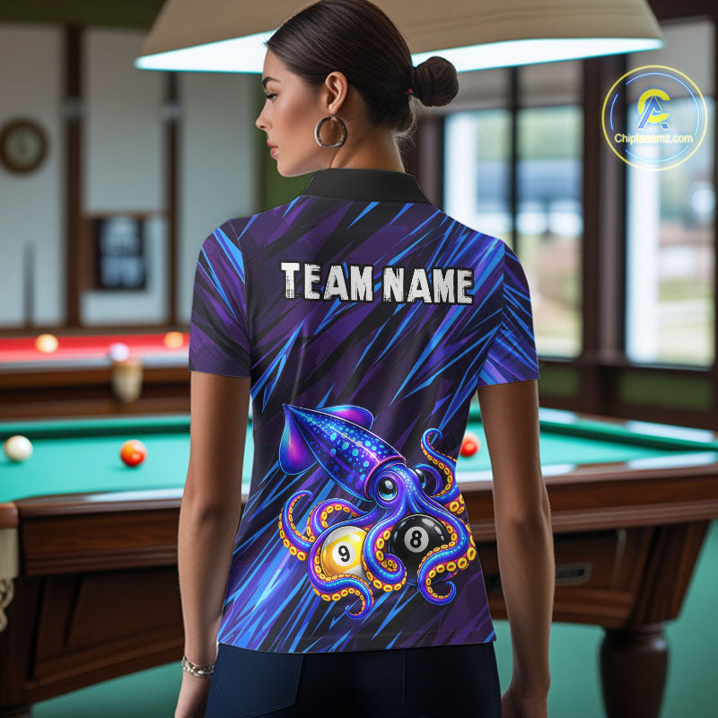 Custom Funny 8 Ball 9 Ball Squid Polo 1/4-Zip Shirt For Women Purple Blue Neon Billiard Tournament Shirt NYN4700