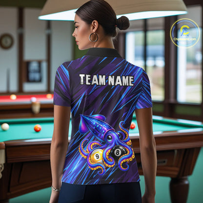 Custom Funny 8 Ball 9 Ball Squid Polo 1/4-Zip Shirt For Women Purple Blue Neon Billiard Tournament Shirt NYN4700
