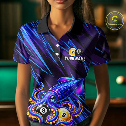 Custom Funny 8 Ball 9 Ball Squid Polo 1/4-Zip Shirt For Women Purple Blue Neon Billiard Tournament Shirt NYN4700