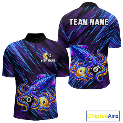 Custom Funny 8 Ball 9 Ball Squid Polo 1/4-Zip Shirt For Men Purple Blue Neon Billiard Tournament Shirt NYN4700