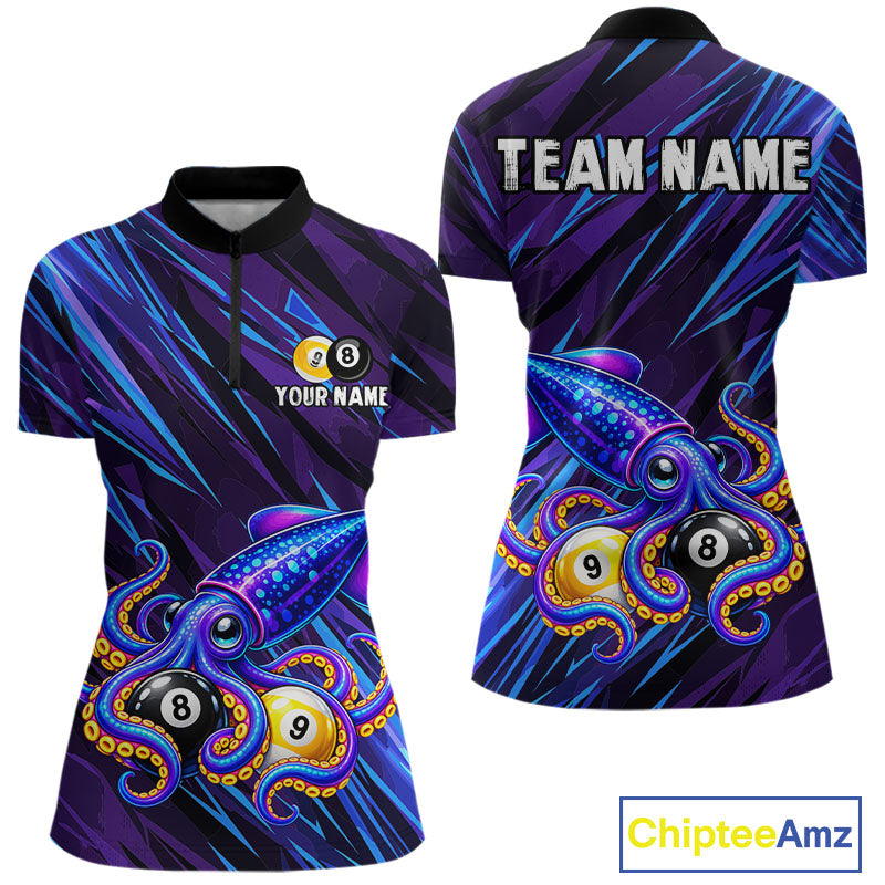 Custom Funny 8 Ball 9 Ball Squid Polo 1/4-Zip Shirt For Women Purple Blue Neon Billiard Tournament Shirt NYN4700