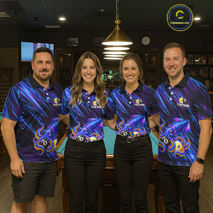Custom Funny 8 Ball 9 Ball Squid Polo 1/4-Zip Shirt For Women Purple Blue Neon Billiard Tournament Shirt NYN4700