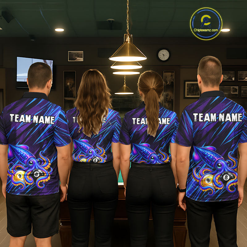 Custom Funny 8 Ball 9 Ball Squid Polo 1/4-Zip Shirt For Women Purple Blue Neon Billiard Tournament Shirt NYN4700