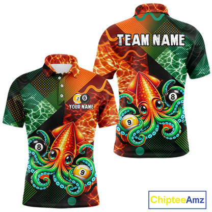 Green Orange Flame Squid 8 Ball& 9 Ball Billiard Shirt For Men Funny Billiard Team Tournament Shirt NYN4701