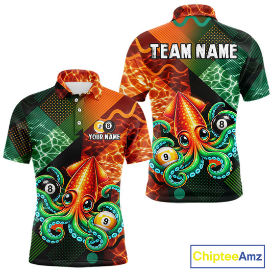 Green Orange Flame Squid 8 Ball& 9 Ball Billiard Shirt For Men Funny Billiard Team Tournament Shirt NYN4701