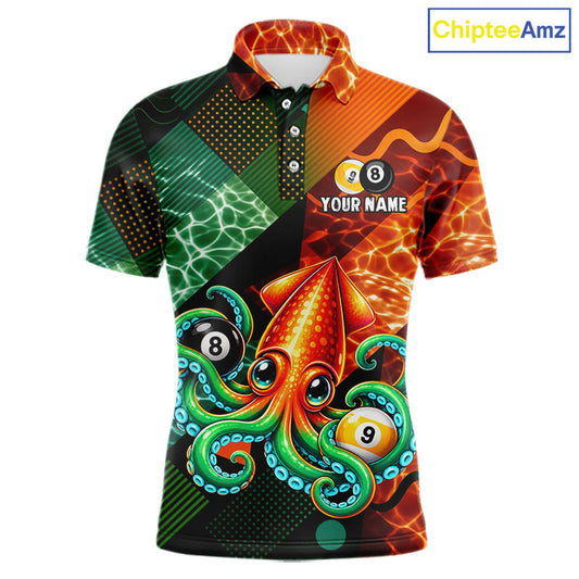 Green Orange Flame Squid 8 Ball& 9 Ball Billiard Shirt For Men Funny Billiard Team Tournament Shirt NYN4701