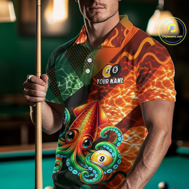 Green Orange Flame Squid 8 Ball& 9 Ball Billiard Shirt For Men Funny Billiard Team Tournament Shirt NYN4701