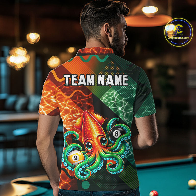 Green Orange Flame Squid 8 Ball& 9 Ball Billiard Shirt For Men Funny Billiard Team Tournament Shirt NYN4701
