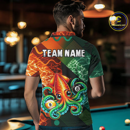 Green Orange Flame Squid 8 Ball& 9 Ball Billiard Shirt For Men Funny Billiard Team Tournament Shirt NYN4701