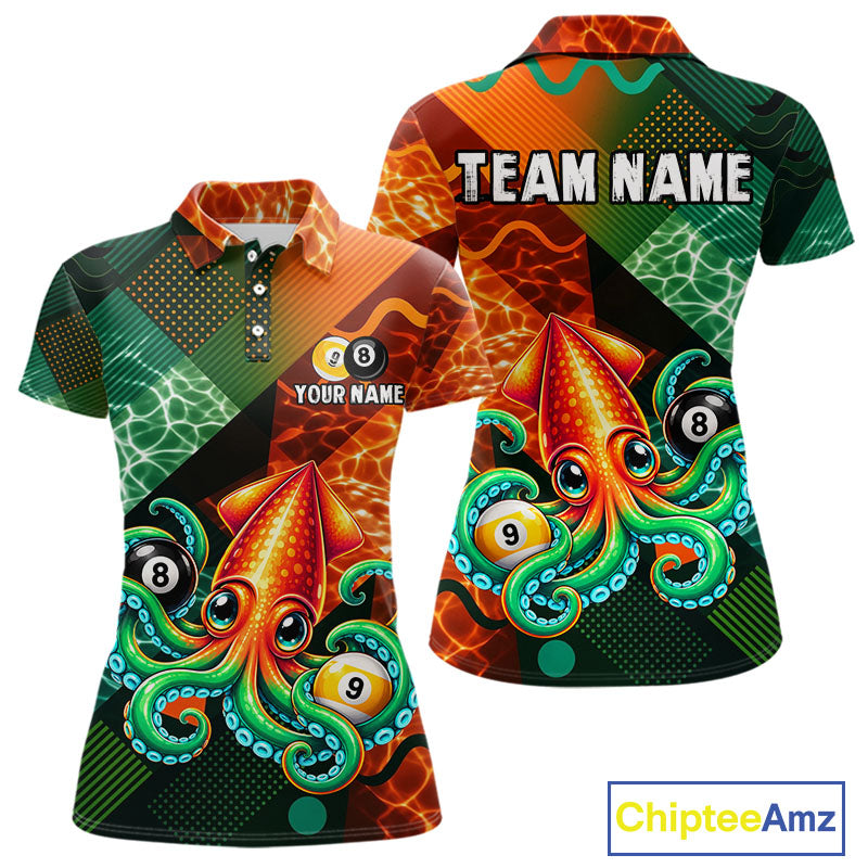 Green Orange Flame Squid 8 Ball& 9 Ball Billiard Shirt For Women Funny Billiard Team Tournament Shirt NYN4701