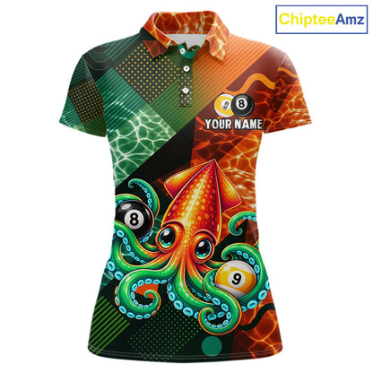 Green Orange Flame Squid 8 Ball& 9 Ball Billiard Shirt For Women Funny Billiard Team Tournament Shirt NYN4701