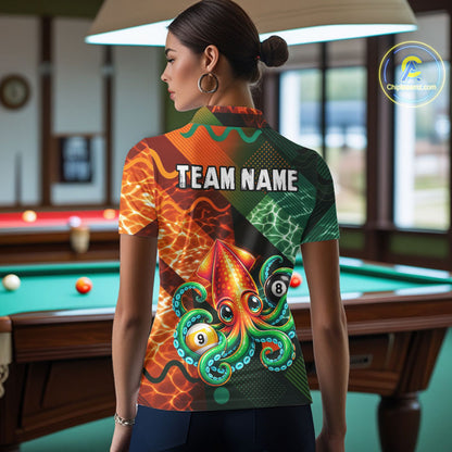 Green Orange Flame Squid 8 Ball& 9 Ball Billiard Shirt For Women Funny Billiard Team Tournament Shirt NYN4701
