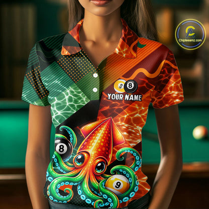 Green Orange Flame Squid 8 Ball& 9 Ball Billiard Shirt For Women Funny Billiard Team Tournament Shirt NYN4701