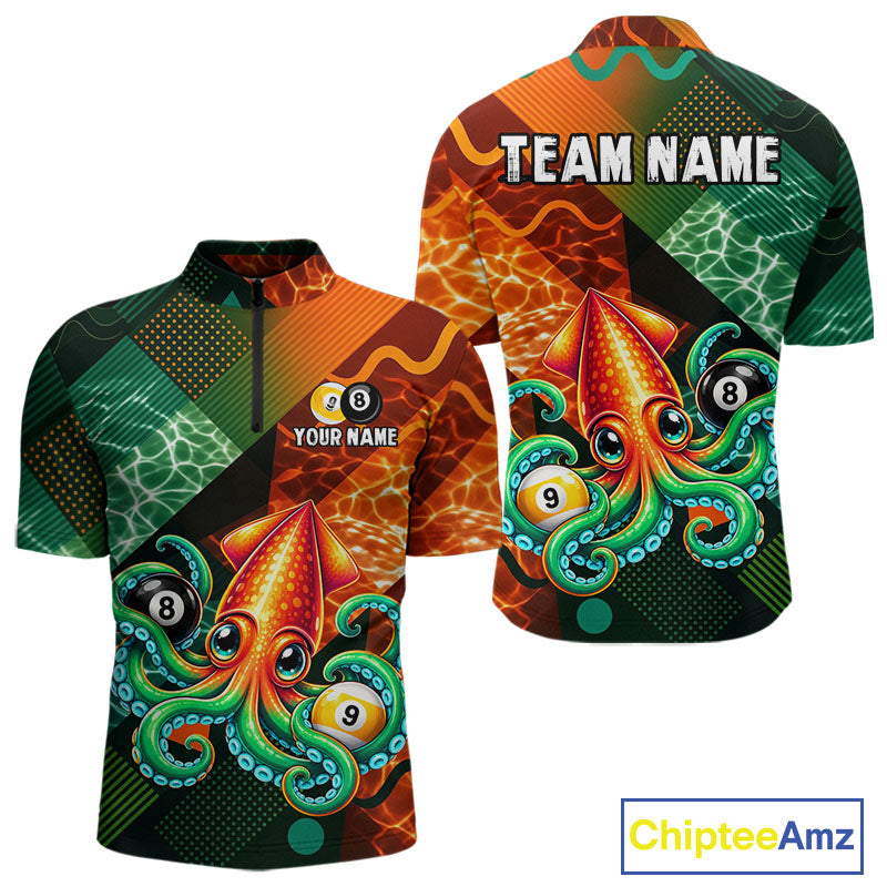 Green Orange Flame Squid 8 Ball& 9 Ball Billiard Shirt For Men Funny Billiard Team Tournament Shirt NYN4701