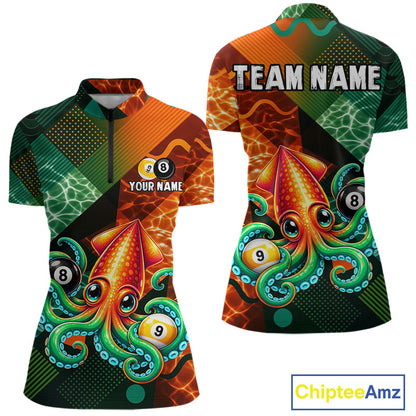 Green Orange Flame Squid 8 Ball& 9 Ball Billiard Shirt For Women Funny Billiard Team Tournament Shirt NYN4701