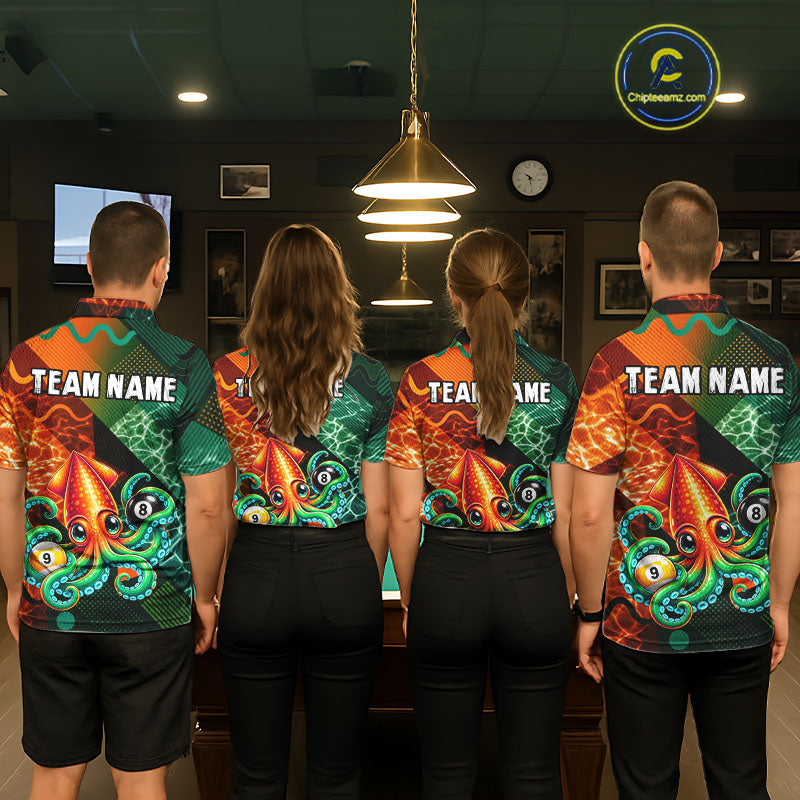 Green Orange Flame Squid 8 Ball& 9 Ball Billiard Shirt For Women Funny Billiard Team Tournament Shirt NYN4701