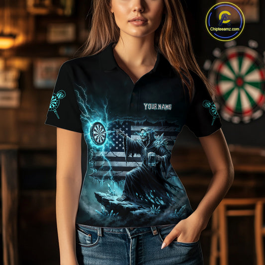 Custom Lightning Turquoise Grim Reaper Beer Funny Women Darts Polo Shirt US Flag Dart Jerseys NYN1836