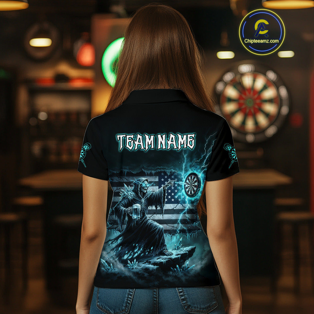 Custom Lightning Turquoise Grim Reaper Beer Funny Women Darts Polo Shirt US Flag Dart Jerseys NYN1836