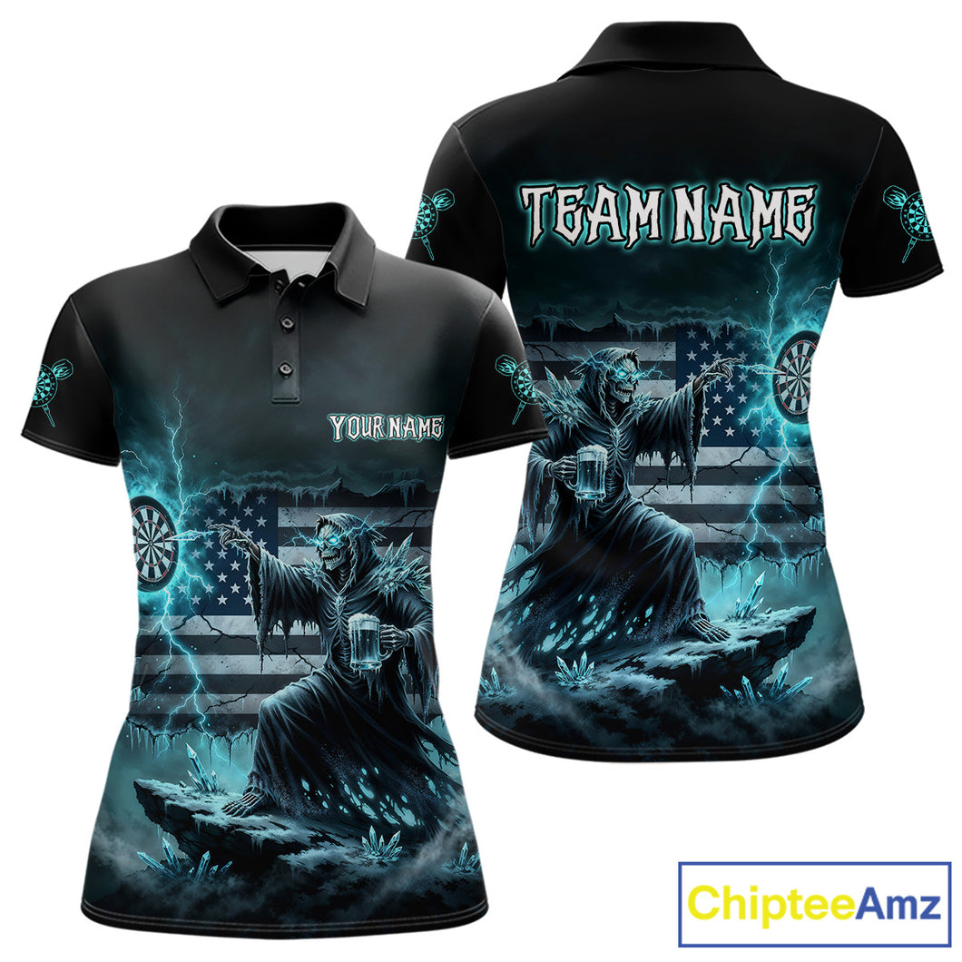 Custom Lightning Turquoise Grim Reaper Beer Funny Women Darts Polo Shirt US Flag Dart Jerseys NYN1836