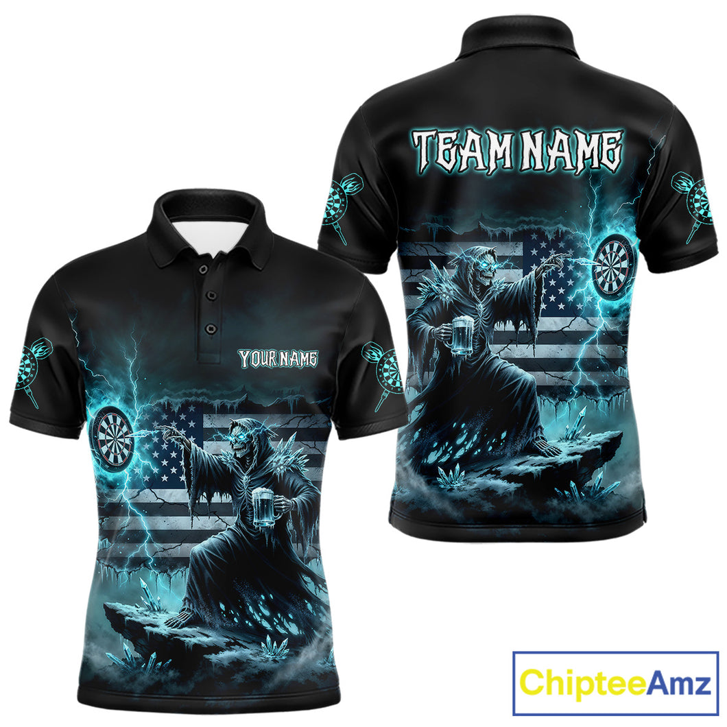 Custom Lightning Turquoise Grim Reaper Beer Funny Men Darts Polo Shirt US Flag Dart Jerseys NYN1836