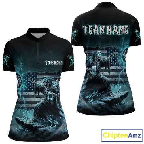 Custom Lightning Turquoise Grim Reaper Beer Funny Women Darts Quarter-Zip Shirt US Flag Dart Jerseys NYN1836