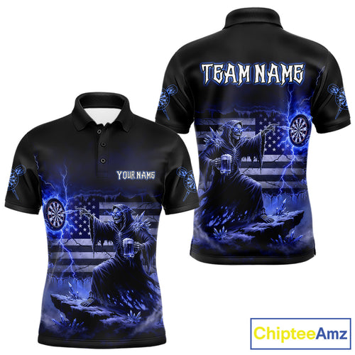 Custom Lightning Blue Grim Reaper Beer Funny Men Darts Polo Shirt US Flag Dart Jerseys NYN1838