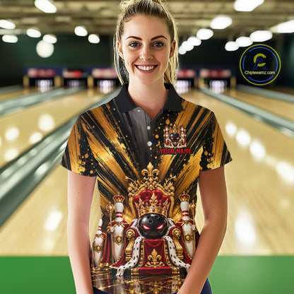 Custom King Bowling Ball Women Bowling Polo 1/4-Zip Shirt Royal Gold Bowling Jersey Youth Team Apparel NYN5094