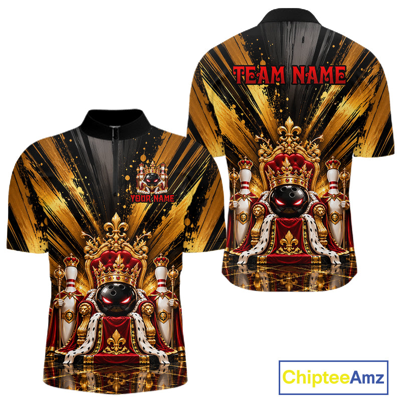 Custom King Bowling Ball Men Bowling Polo 1/4-Zip Shirt Royal Gold Bowling Jersey Youth Team Apparel NYN5094