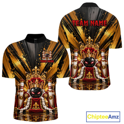 Custom King Bowling Ball Men Bowling Polo 1/4-Zip Shirt Royal Gold Bowling Jersey Youth Team Apparel NYN5094