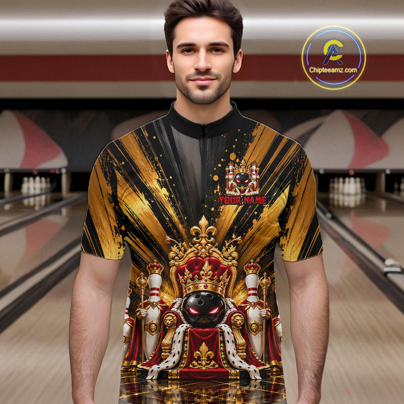 Custom King Bowling Ball Men Bowling Polo 1/4-Zip Shirt Royal Gold Bowling Jersey Youth Team Apparel NYN5094
