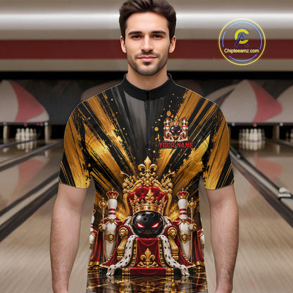 Custom King Bowling Ball Men Bowling Polo 1/4-Zip Shirt Royal Gold Bowling Jersey Youth Team Apparel NYN5094