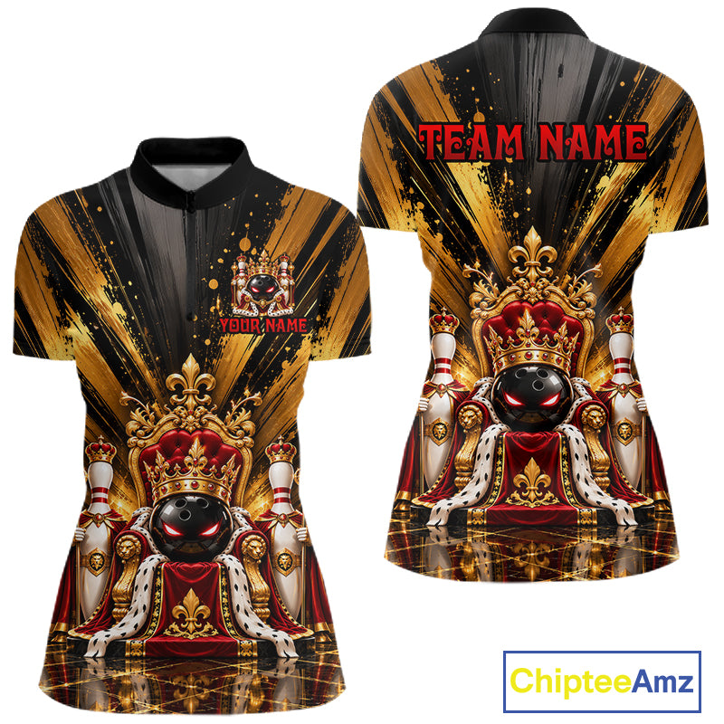 Custom King Bowling Ball Women Bowling Polo 1/4-Zip Shirt Royal Gold Bowling Jersey Youth Team Apparel NYN5094