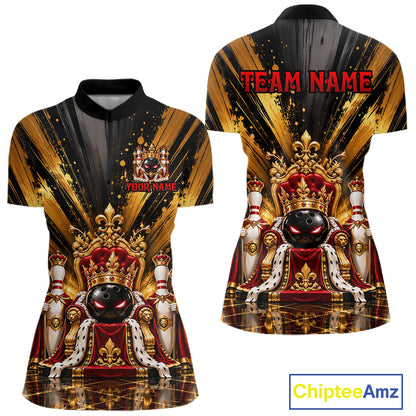 Custom King Bowling Ball Women Bowling Polo 1/4-Zip Shirt Royal Gold Bowling Jersey Youth Team Apparel NYN5094