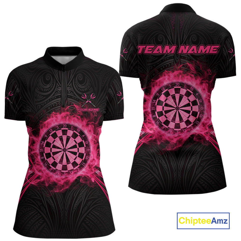 Black And Pink Smokes Dartboard Women Darts 1/4-Zip Shirts Custom Tribal Dart Team Jerseys NYN2349