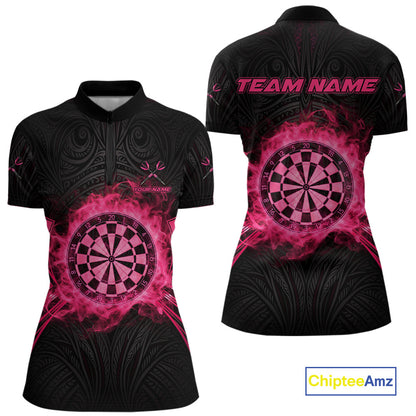 Black And Pink Smokes Dartboard Women Darts 1/4-Zip Shirts Custom Tribal Dart Team Jerseys NYN2349
