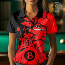 Load image into Gallery viewer, Black And Red Cracked Flaming Pool 8 Ball Women Billiard Shirt Custom Ball Billiard Team Attire NYN2625