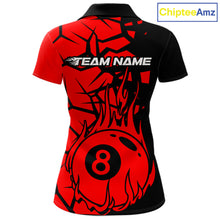 Load image into Gallery viewer, Black And Red Cracked Flaming Pool 8 Ball Women Billiard Shirt Custom Ball Billiard Team Attire NYN2625
