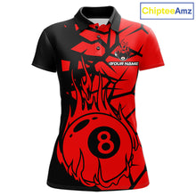 Load image into Gallery viewer, Black And Red Cracked Flaming Pool 8 Ball Women Billiard Shirt Custom Ball Billiard Team Attire NYN2625