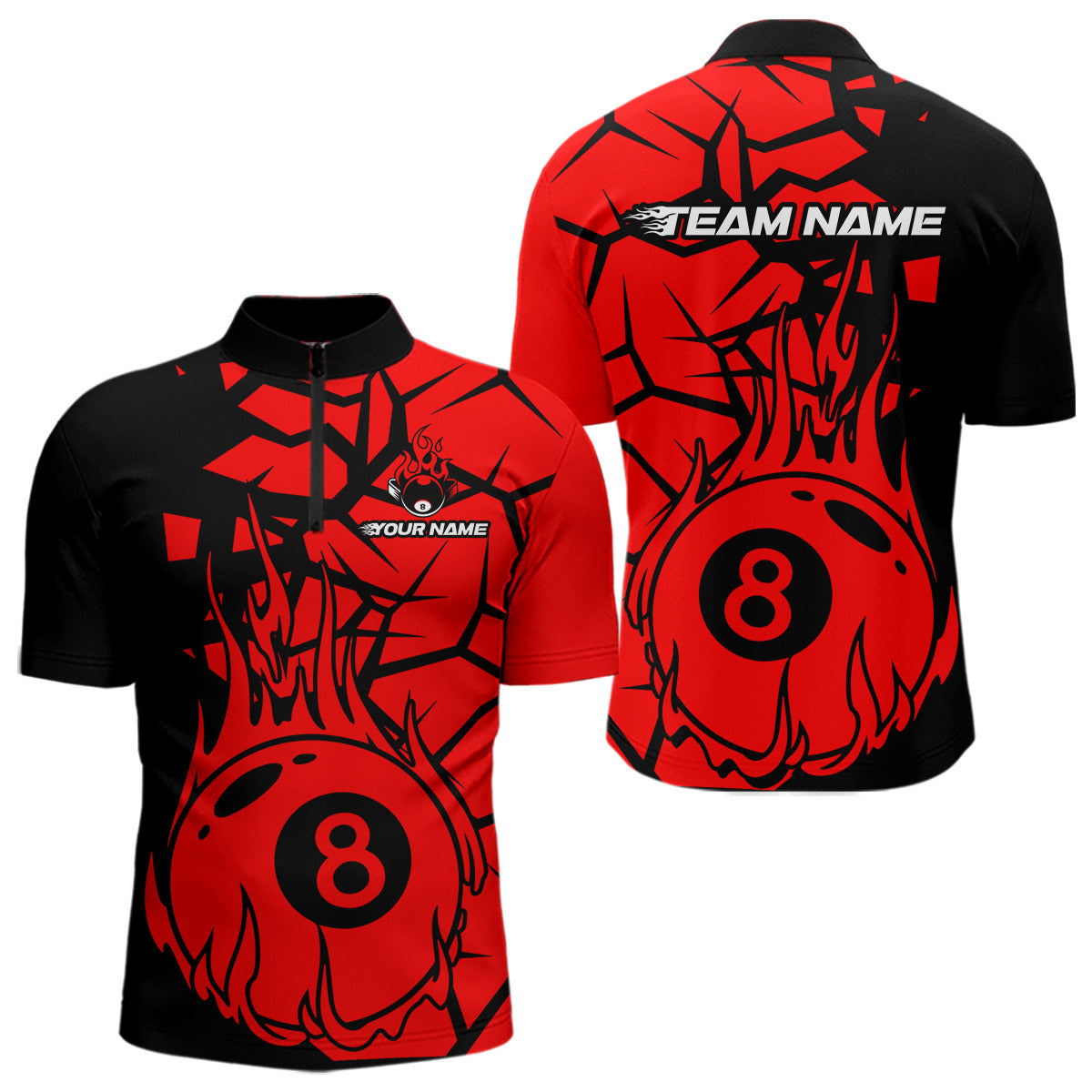 Black And Red Cracked Flaming Pool 8 Ball Men Billiard Shirt Custom Ball Billiard Team Attire NYN2625