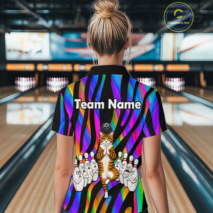 Rainbow Holographic Bowling Polo 1/4-Zip Shirts For Women Custom Funny Cat Bowling Pins Team Shirt NYN3930