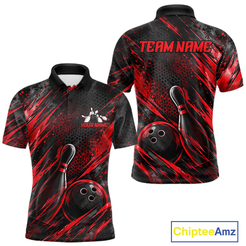Personalized Red Splatter Hexagon Bowling Polo 1/4-Zip For Men Custom Bowling Team Tournament Shirts NYN4722