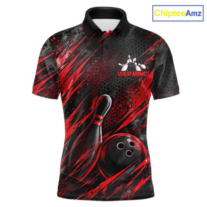 Personalized Red Splatter Hexagon Bowling Polo 1/4-Zip For Men Custom Bowling Team Tournament Shirts NYN4722