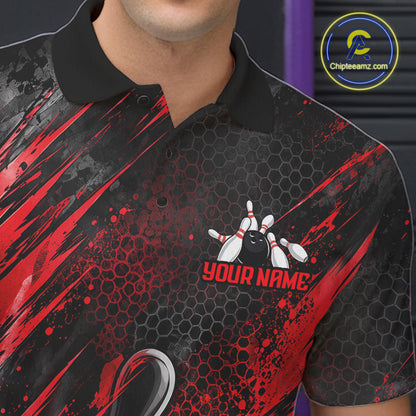 Personalized Red Splatter Hexagon Bowling Polo 1/4-Zip For Men Custom Bowling Team Tournament Shirts NYN4722