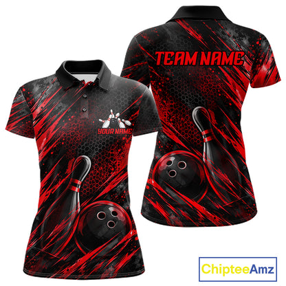 Personalized Red Splatter Hexagon Bowling Polo 1/4-Zip For Women Custom Bowling Team Tournament Shirts NYN4722