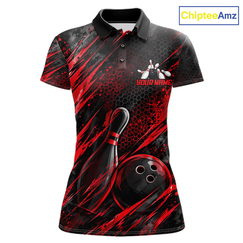 Personalized Red Splatter Hexagon Bowling Polo 1/4-Zip For Women Custom Bowling Team Tournament Shirts NYN4722