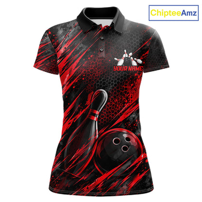 Personalized Red Splatter Hexagon Bowling Polo 1/4-Zip For Women Custom Bowling Team Tournament Shirts NYN4722