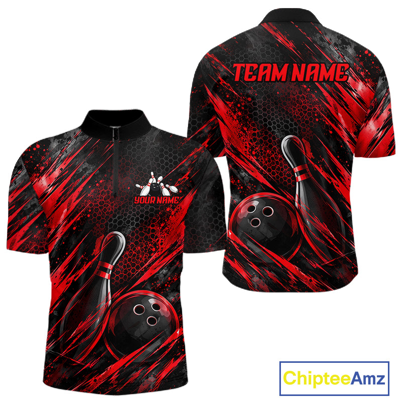 Personalized Red Splatter Hexagon Bowling Polo 1/4-Zip For Men Custom Bowling Team Tournament Shirts NYN4722