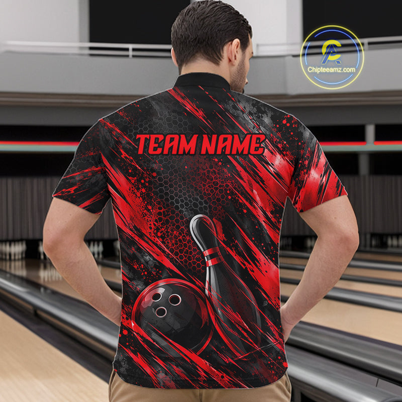 Personalized Red Splatter Hexagon Bowling Polo 1/4-Zip For Men Custom Bowling Team Tournament Shirts NYN4722